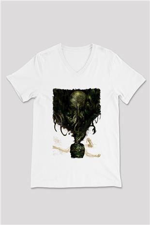 Call Of Ctulhu Baskılı Beyaz Unisex V Yaka Tişört - Tshirt