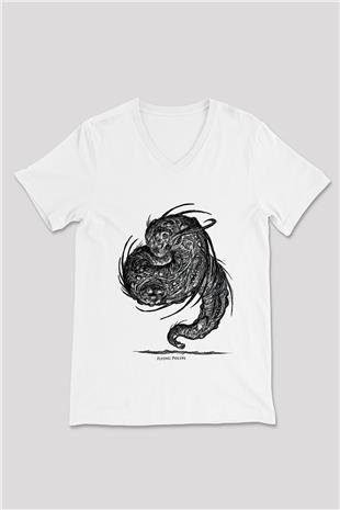 Call Of Ctulhu Baskılı Beyaz Unisex V Yaka Tişört - Tshirt