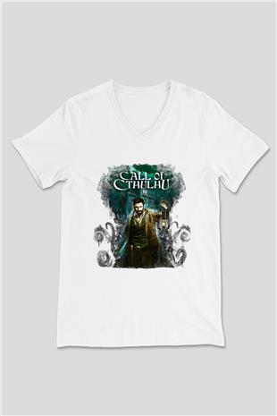 Call Of Ctulhu Baskılı Beyaz Unisex V Yaka Tişört - Tshirt