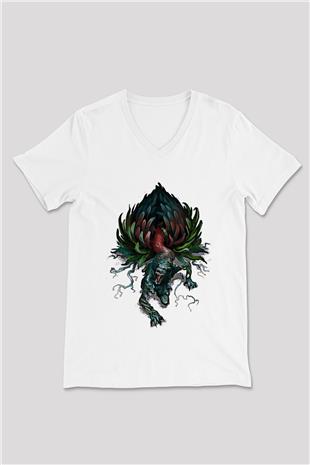 Call Of Ctulhu Baskılı Beyaz Unisex V Yaka Tişört - Tshirt