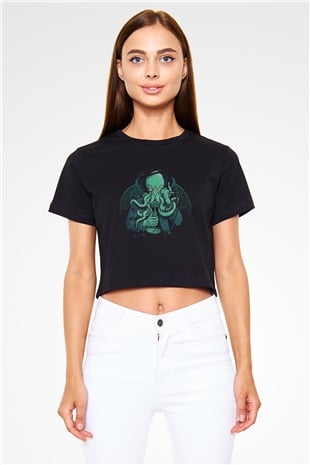Call Of Ctulhu Baskılı Siyah Crop Top Kadın Tişört - Tshirt