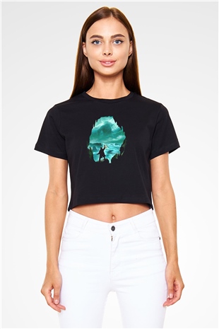 Call Of Ctulhu Baskılı Siyah Crop Top Kadın Tişört - Tshirt