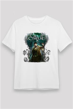 Call Of Ctulhu Baskılı Unisex Beyaz Tişört - Tshirt