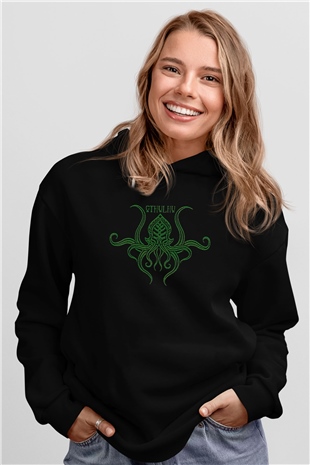 Call Of Ctulhu Baskılı Unisex Siyah Kapüşonlu Sweatshirt