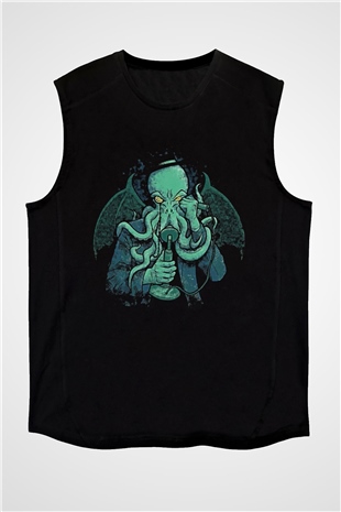 Call Of Ctulhu Baskılı Unisex Siyah Kolsuz Tişört - Tshirt
