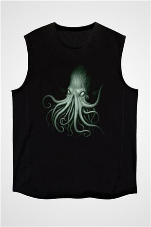 Call Of Ctulhu Baskılı Unisex Siyah Kolsuz Tişört - Tshirt