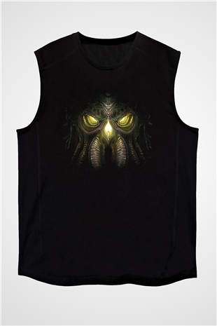 Call Of Ctulhu Baskılı Unisex Siyah Kolsuz Tişört - Tshirt