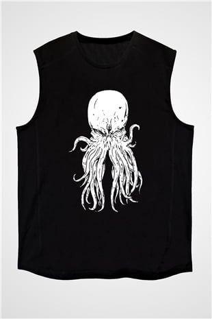 Call Of Ctulhu Baskılı Unisex Siyah Kolsuz Tişört - Tshirt