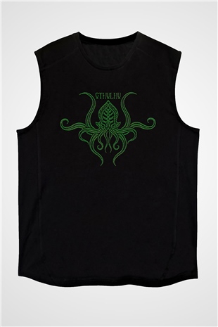 Call Of Ctulhu Baskılı Unisex Siyah Kolsuz Tişört - Tshirt