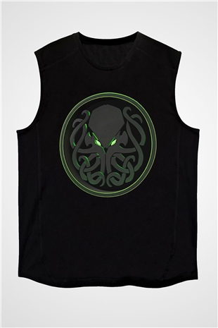 Call Of Ctulhu Baskılı Unisex Siyah Kolsuz Tişört - Tshirt