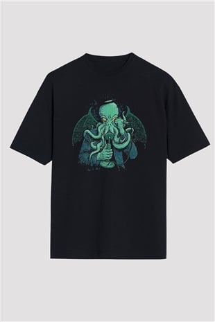 Call Of Ctulhu Baskılı Unisex Siyah Oversize Tişört - Tshirt