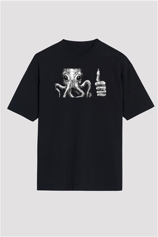 Call Of Ctulhu Baskılı Unisex Siyah Oversize Tişört - Tshirt
