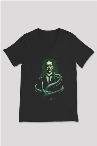 Call Of Ctulhu Baskılı Unisex Siyah V Yaka Tişört - Tshirt