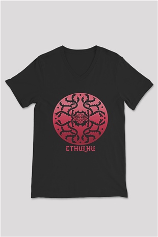 Call Of Ctulhu Baskılı Unisex Siyah V Yaka Tişört - Tshirt