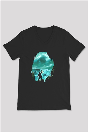 Call Of Ctulhu Baskılı Unisex Siyah V Yaka Tişört - Tshirt