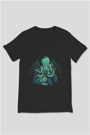 Call Of Ctulhu Baskılı Unisex Siyah V Yaka Tişört - Tshirt