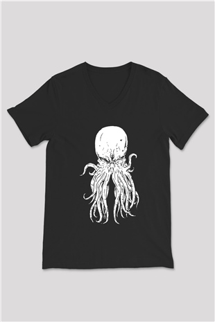 Call Of Ctulhu Baskılı Unisex Siyah V Yaka Tişört - Tshirt