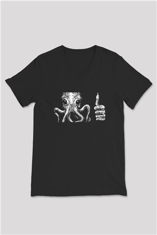 Call Of Ctulhu Baskılı Unisex Siyah V Yaka Tişört - Tshirt