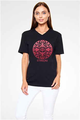 Call Of Ctulhu Baskılı Unisex Siyah V Yaka Tişört - Tshirt