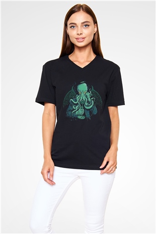 Call Of Ctulhu Baskılı Unisex Siyah V Yaka Tişört - Tshirt