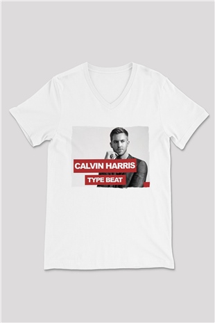 Calvin Harris Beyaz Unisex V Yaka Tişört