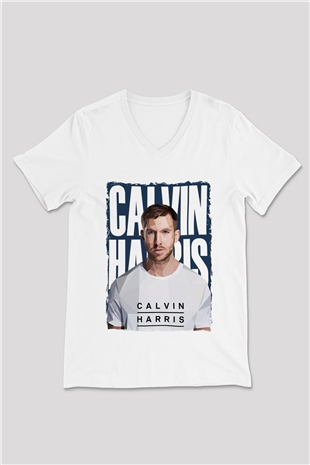 Calvin Harris Beyaz Unisex V Yaka Tişört