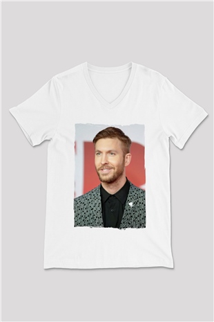 Calvin Harris Beyaz Unisex V Yaka Tişört