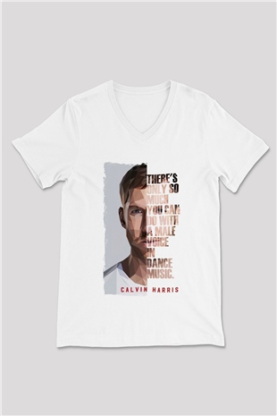 Calvin Harris Beyaz Unisex V Yaka Tişört