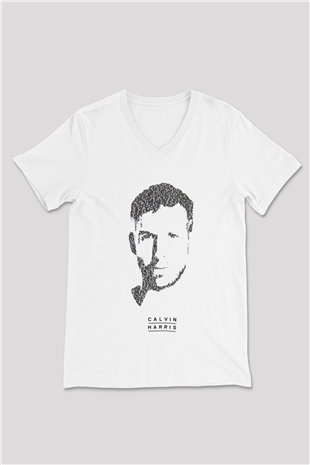 Calvin Harris Beyaz Unisex V Yaka Tişört