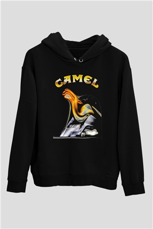 Camel Baskılı Unisex Siyah Kapüşonlu Sweatshirt