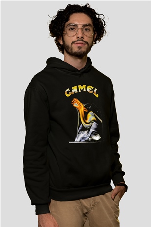 Camel Baskılı Unisex Siyah Kapüşonlu Sweatshirt