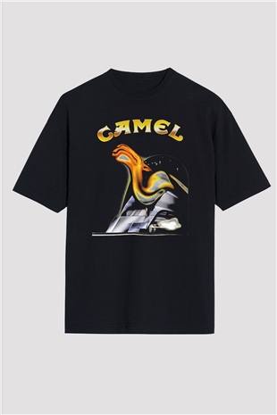 Camel Baskılı Unisex Siyah Oversize Tişört - Tshirt