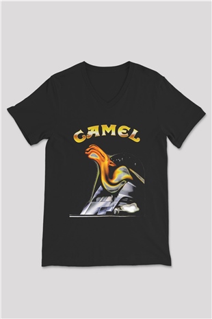 Camel Baskılı Unisex Siyah V Yaka Tişört - Tshirt