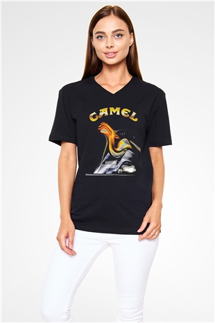 Camel Baskılı Unisex Siyah V Yaka Tişört - Tshirt