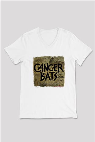 Cancer Bats Baskılı Unisex Beyaz V Yaka Tişört