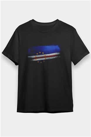Cape Verde Bayrağı Baskılı Unisex Siyah Tişört