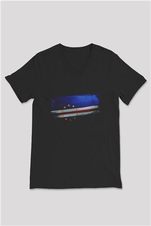 Cape Verde Bayrağı Baskılı Unisex Siyah V Yaka Tişört