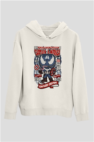 Captain America Baskılı Unisex Beyaz Hoodie