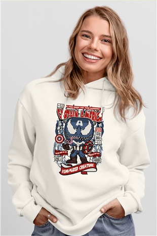 Captain America Baskılı Unisex Beyaz Hoodie