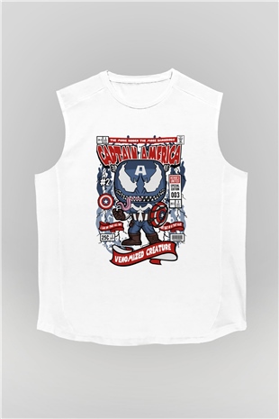 Captain America Baskılı Unisex Beyaz Kolsuz Tişört