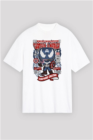 Captain America Baskılı Unisex Beyaz Oversize Tişört