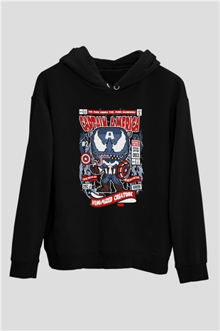 Captain Amerika Baskılı Unisex Siyah Hoodie