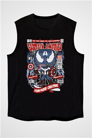 Captain Amerika Baskılı Unisex Siyah Kolsuz Tişört