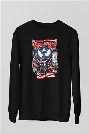 Captain Amerika Baskılı Unisex Siyah Sweatshirt
