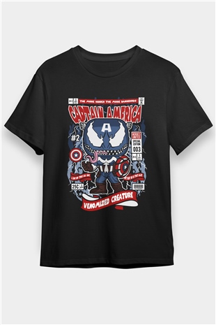 Captain Amerika Baskılı Unisex Siyah Tişört