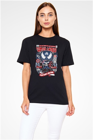 Captain Amerika Baskılı Unisex Siyah Tişört