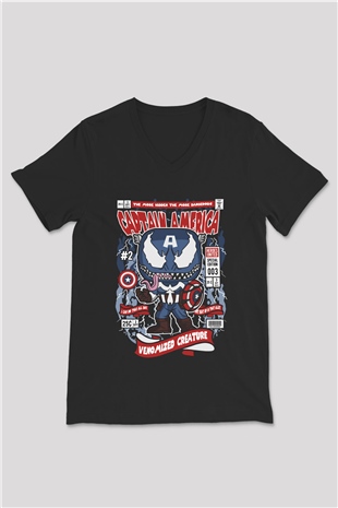 Captain Amerika Baskılı Unisex Siyah V Yaka Tişört
