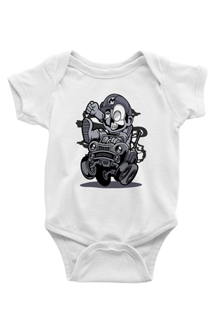 Car Racer Mario Baskılı Unisex Beyaz Bebek Body - Zıbın