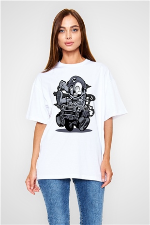 Car Racer Mario Baskılı Unisex Beyaz Oversize Tişört