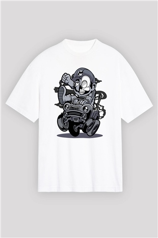 Car Racer Mario Baskılı Unisex Beyaz Oversize Tişört
